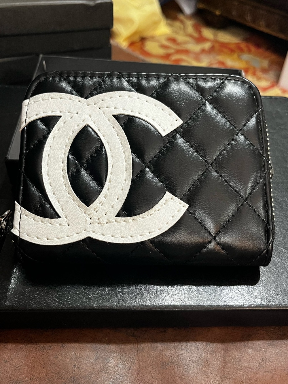 Double C Black White Letter Logo Zip Around Small Wallet
